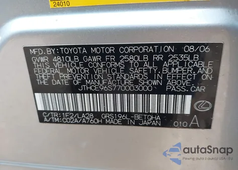 2007 Lexus Gs z USA, uszkodzony, nr VIN JTHCE96S770003000